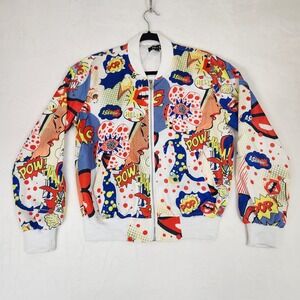 36.5 Pop Art Comic Print Bomber Jacket Womens Medium Full Zip Retro JAS022